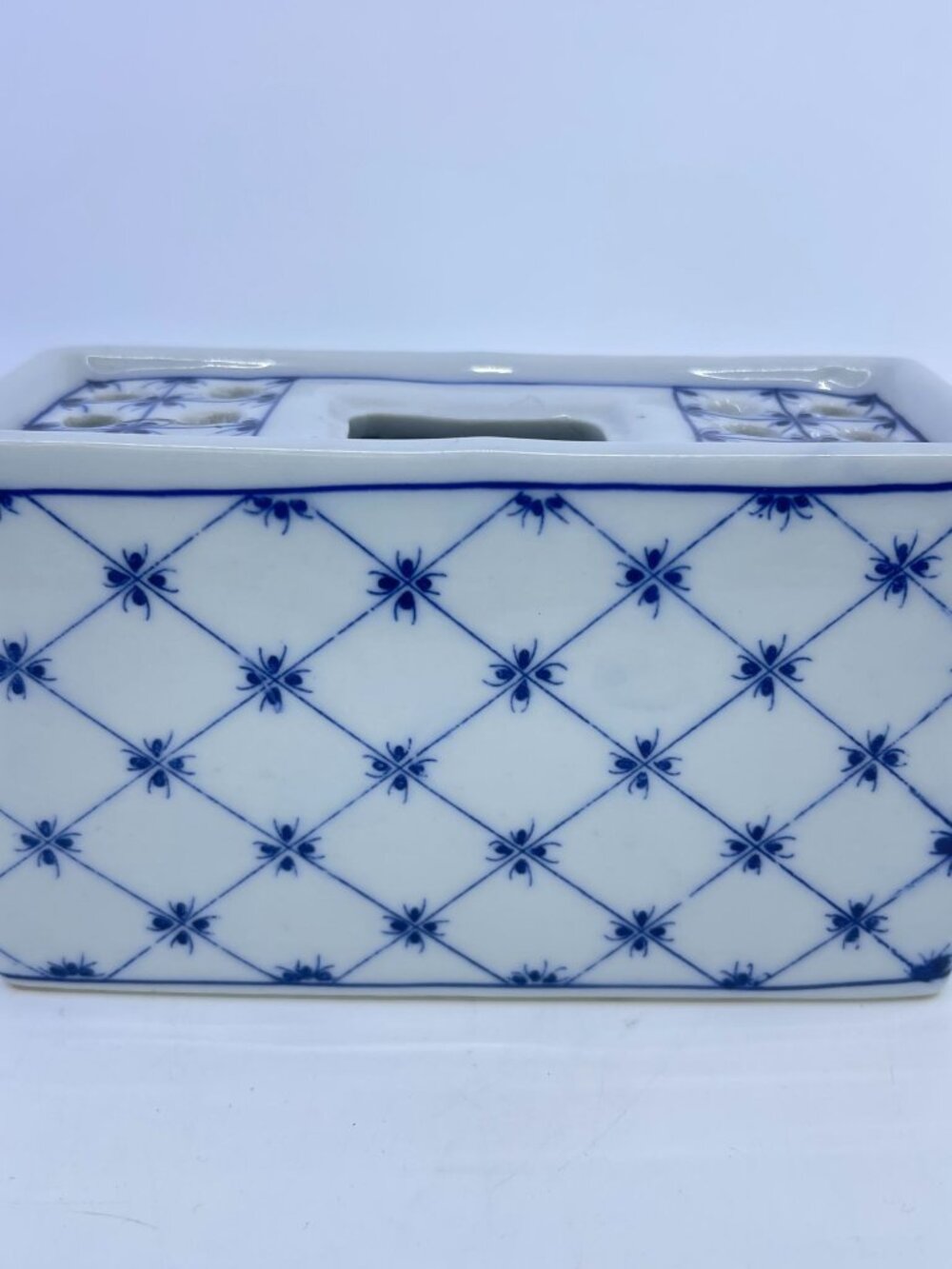 vintage blue and white porcelain flower frog rectangular